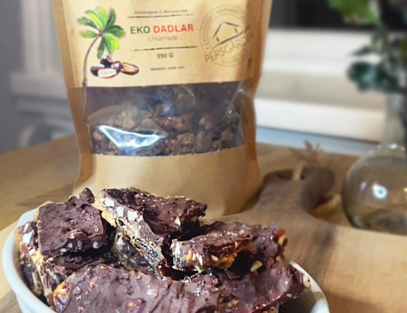 Nötiga dadelbitar med chokladtäcke